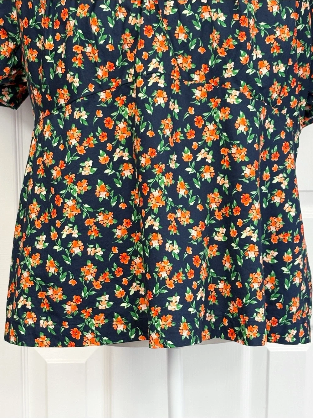 Old Navy Navy Blue & Orange Floral Print Puff Sleeve Smocked Trapeze Top XL
